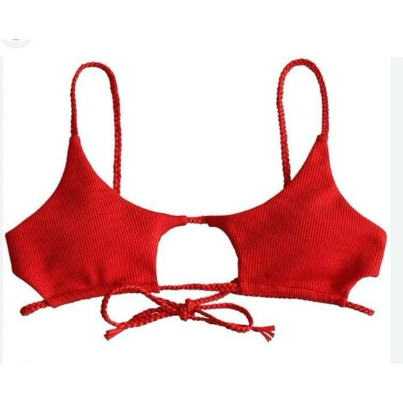 Zaful‎ Red Ribbed Braided Keyhole Cutout Bikini Top Swimwear Women’s Medium Sz 6 - Picture 1 of 3